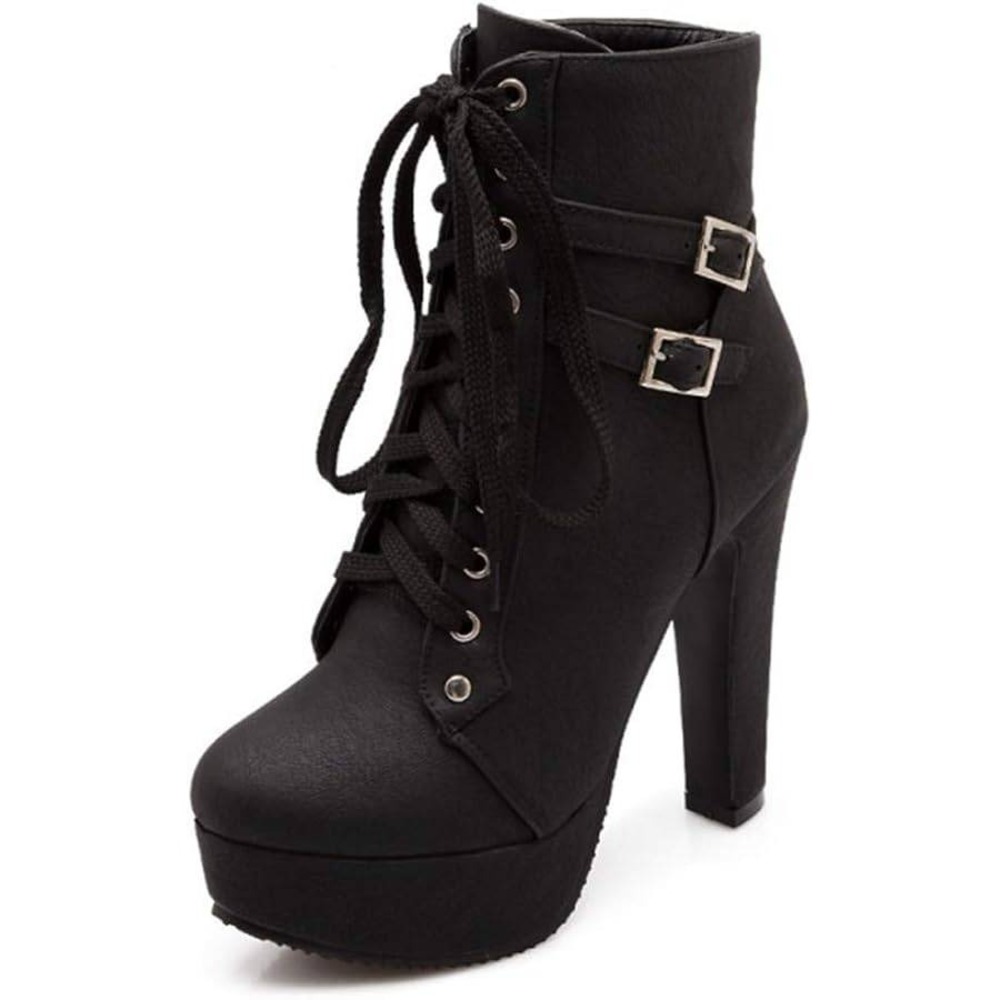 Susanny High Heel Boots Lace Up Ankle Platform Buckle Accents‎ Black Sz (41) 10